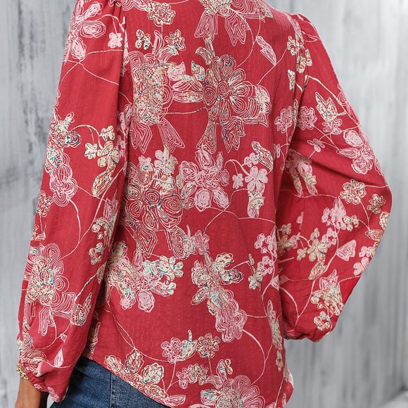 New Floral Print Lantern Sleeve Blouse Red - Picture 3 of 6